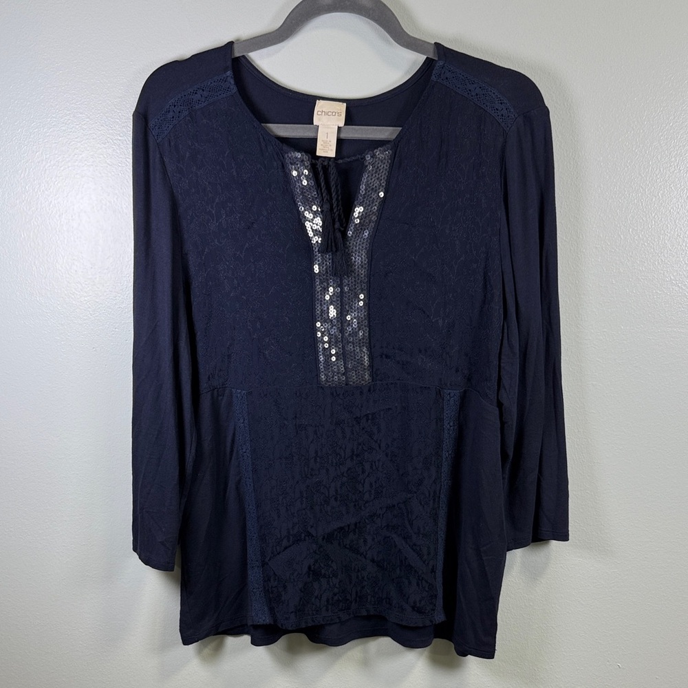 Chico's Dark Blue Blouse Sequin Details Sz M
